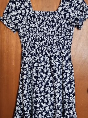Womens Cute Navy Blue Floral Square-Neck Dress Size S